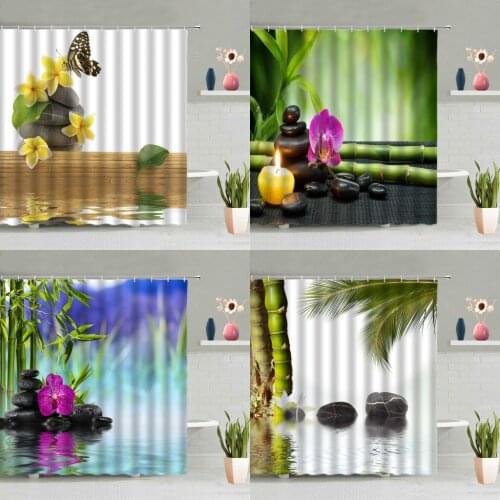 Zen Stone Shower Curtains Bamboo Flowers Butterfly Bathroom Decoration Screen Bath Curtain Washable With Hooks Set Home Decor