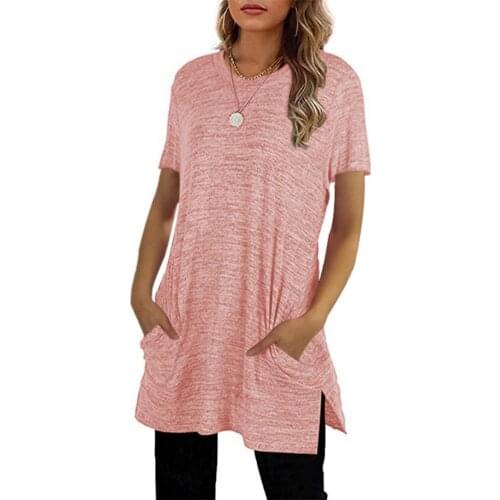 Women T-shirt Solid Color Pockets Summer Casual Female Tee Shirt O Neck Short Sleeve Plus Size Lady Long Tshirt Top