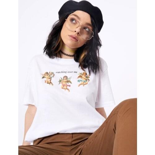 Watching Over Me Angels T Shirt Women Retro Style Aesthetic Cute White Tee Hipsters Harajuku Fashion Tumblr Graphic Tee Tops