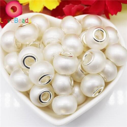 10Pcs White Pearl Beads Murano Big Hole Silver Plated Fit Women Snake Chain Pandora Bracelet Charm Necklace DIY Jewelry Making