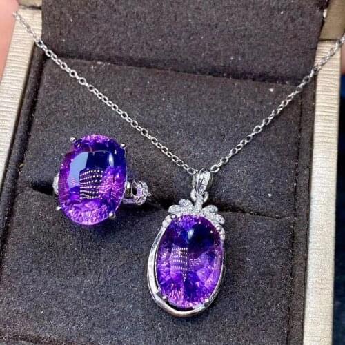100% Natural and Real Amethys Set 925 Sterling Silver,1pc Amethys Ring,1pc Amethys Pendant Party Jewelry