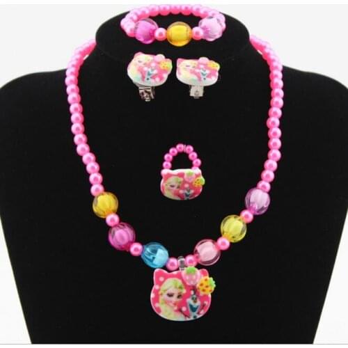 4pcs Imitation Pearl Cartoon mixed kitty princess flower Necklace/Bracelet/Ring/Earrings Children Kids Jewelry Set Xmas Gift