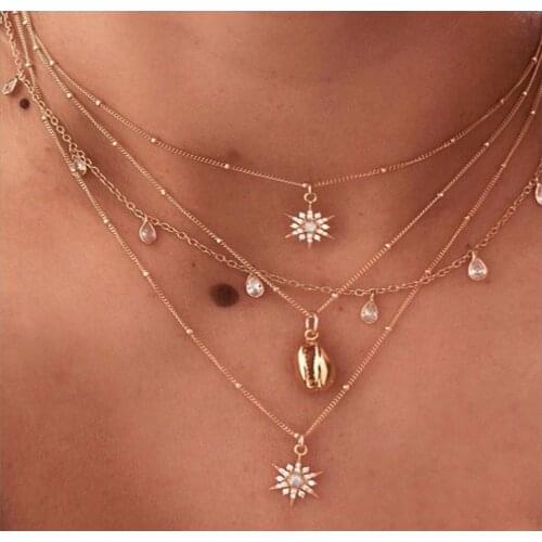 Brilliant Layered Necklace Women Rhinestones Statement Necklace Water Droplets Star Female Jewelry Gold Color Birthday Party