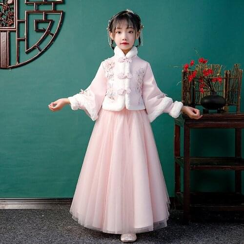 Chinese New Year Style Children Clothes Hanfu For Girls 100cm-160cm Winter Long Party Dress With Fur Formal Dresses