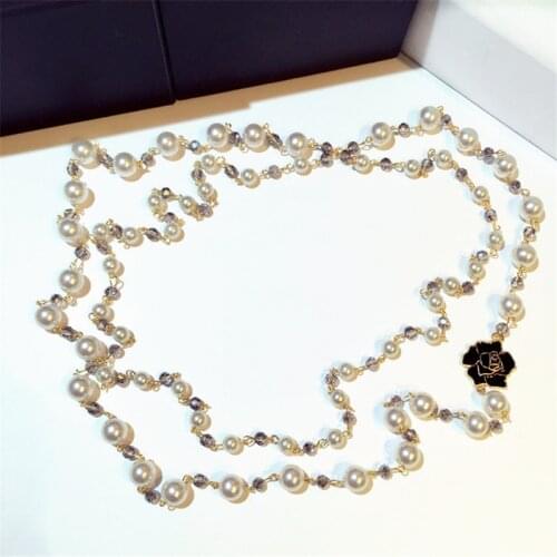 Fashion Flower Long Necklace Double Layer Imitation Pearl Necklaces Gold Color Metal Sweater Chain Beads Necklace Jewelry Gift