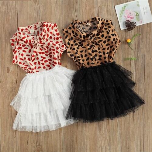 Girl’s Outfits Two Piece Suit Irregular Spots Print Flounce Sleeve T-shirt and Solid Color Short Gauze Skirt Summer Clothes