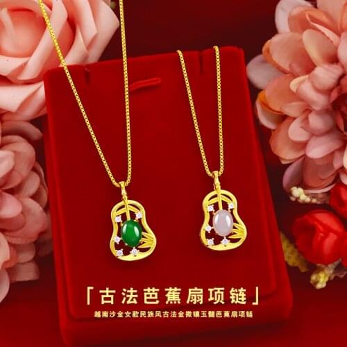 Fashion 24K Gold Necklace Pendant for Women Green Emerald Pendant Stone Jewlery Chalcedony Jade Gemstone Gold Chain Choker Gifts