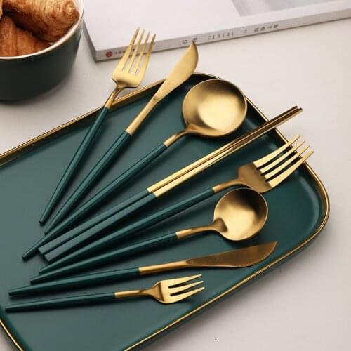 Dinnerware set cutlery western dinner set chopsticks fork spoon knife sets tableware silverware blackish green gold dropshipping