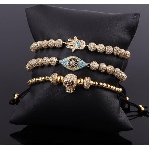 New Design Luxury Men Bracelet Jewelry Gold Plated CZ Pave Skull&Hand&Eye Charm Beaded Adjustable Bracelet Set Male