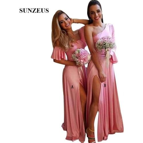 Single One Long Sleeve Pink Bridesmaid Dresses Simple Jersey Wedding Party Gowns For Young Women Side Slit bruidsmeisjes jurk