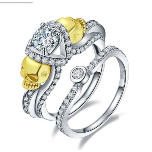 Size 5-10 Punk Fashion Jewelry 925 Sterling Silver Filled Round Cut 5A White Zirconia Party Hot Female Skull Bridal Ring Set