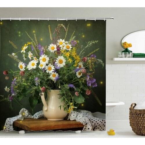 Retro European Style Shower Curtain Floral Print Shower Curtain Polyester Fabric Home Shower Curtain with Hook