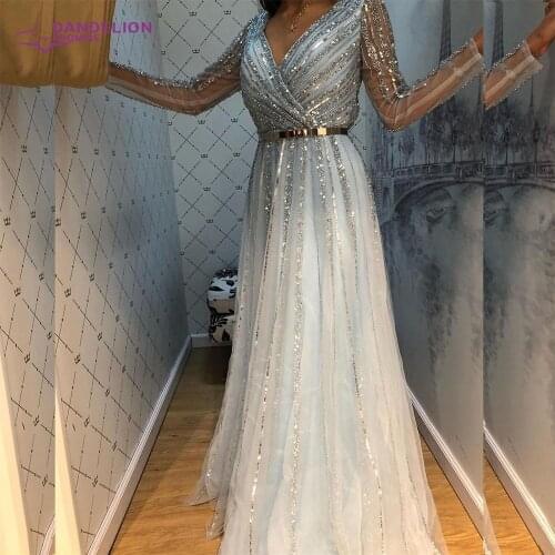 Luxury Elegant Evening Dresses For Women 2021 Long Sleeves V Neck Tulle Sequins Beaded Formal Party Gown