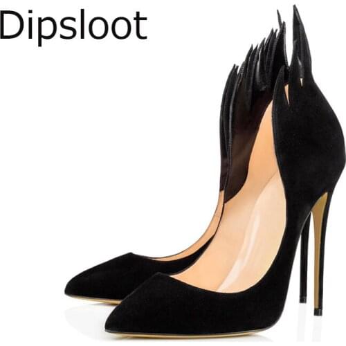 Sexy Women Faux Suede Flame Shape Tail Pumps Pointed Toe Ladies Stiletto High Heels Solid Black Personal Pumps Shoes big size 46