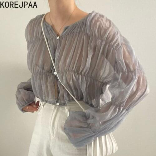 Korejpaa Women Shirt 2021 Summer French Gentle V-Neck Pleated Perspective Design Versatile Single-Breasted Long-Sleeved Blouses
