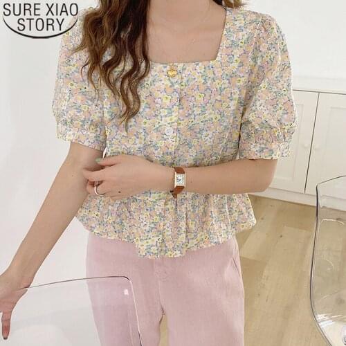 Sweet Women Blouses 2021 Summer Short Sleeve Floral Print Square Collar Ruffles Short Length Tops Button Cardigan Clothes 9653