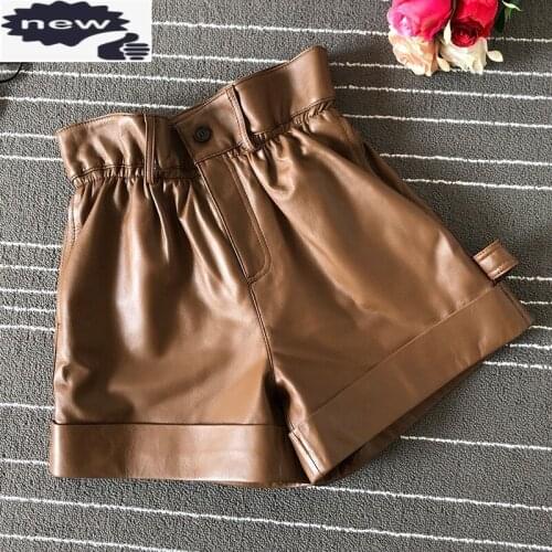 Genuine Leather Wide Leg Women Street High Loose Black Casual Ruffle Elastic Waist Zipper Office Shorts