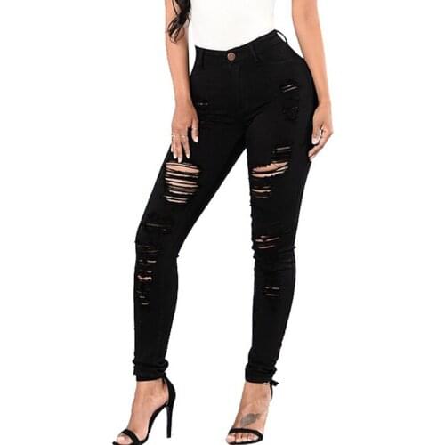 Women Slim Ripped Hole Long Jeans Denim Sexy Trousers Femme High Waist Pencil Pants