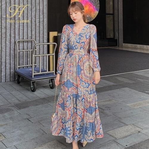 H Han Queen Elegant Print Long Sleeve Women Dresses 2020 New Boho Casual V-neck Chiffon A LIne Dress Vintage Party Vestidos