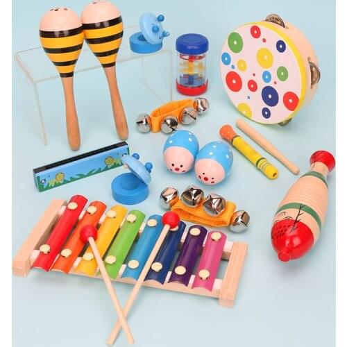 10Pcs/set Kids Musical Instruments Wood Percussion Xylophone Toy Harmonica Infant Sand Hammer for Kids Wooden Montessori Toys