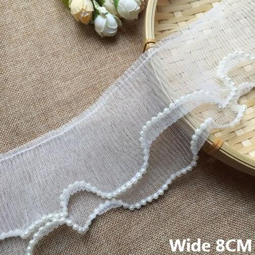 8CM Wide Double Layers Tulle Mesh Fabric Lace Beaded Embroidered Fringe Ribbon Elastic Ruffle Trim Dress Skirts Patchwork Decor