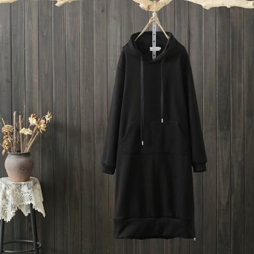 Big sizes Dress Women Hooded Fleece Long Sleeves Black Korean Fashion Pullovers Pockets Warm Robe Women