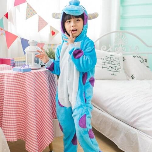 Boy Girl Children Monster Blue Pajamas Set Flannel Kids Animal Cartoon Cosplay Hooded Pijama infantil Kigurumi Sleepwear