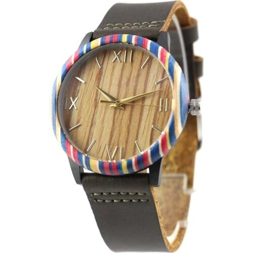 Dropshipping Casual Dress Fashion Women Water Proof Black Alloy Case Brown Strap Female Ladies Zebra Wood Wrist Watch
