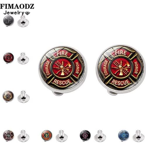 FIMAODZ Firefighter Earrings Fire Men Fighter Symbol Glass Cabochon Clip Earring Fashion Jewelry