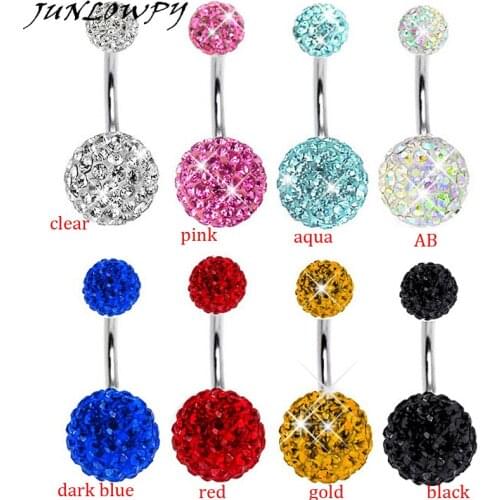 JUNLOWPY 1pcs Body Jewelry Navel Piercing Women Top Belly Rings Micro Pave Crystal Shamabala Balls Belly Button Rings