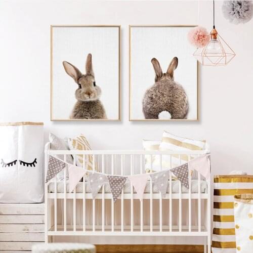 Rabbit BunnyTail Woodland Animal Nursery Decor Flower Canvas Painting Girls Poster Prints Wall Art Picture Kids Room Home Decor