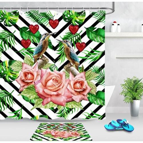 LB Shower Curtain Leaves Bird Pink Rose Striped Waterproof Polyester Fabric Shower Curtains Bathroom Curtain with 12 Hooks
