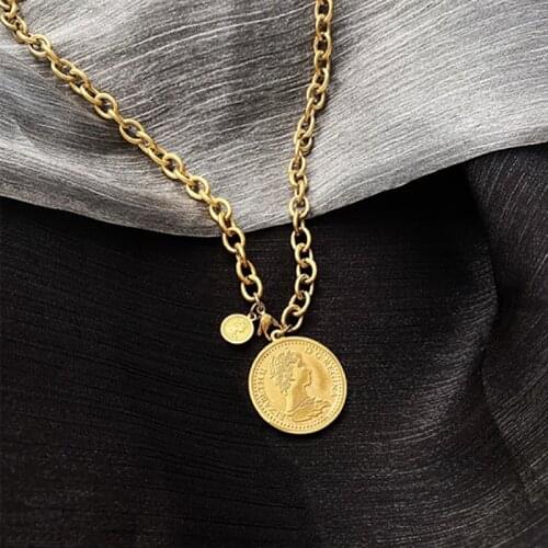Huge Bud Punk Gold Portrait Coin Pendant Necklace For Women Stainless Steel Thick Chain Choker Necklaces Gothtic Jewelry