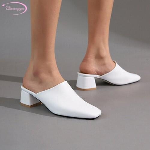 Casual style comfortable square toe summer cool slippers simple solid white red black medium with thick heel womens shoes
