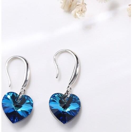 Real S925 Sterling Silver "Heart of Ocean" Blue Crystal Drop Earrings Women Charm Fine Jewelry (SE001)