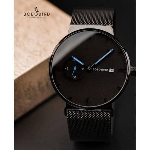 Relogio masculino BOBO BIRD Luxury Men Watch Minimalist Black Design Stainless Steel Mesh Strap Date Display Gifts Custom logo