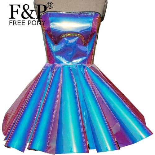 Handmade Custom Iridescent Blue Homecoming Bridesmaid Dress Vinyl PVC Strapless Short Party Circle Dresses