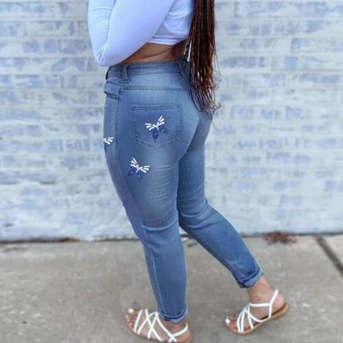 Blue Ripped Jeans Women Spring Sexy Knee Hollow Out Stretch Skinny Butterfly Jeans Woman High Waist Plus Size Denim Pencil Pants
