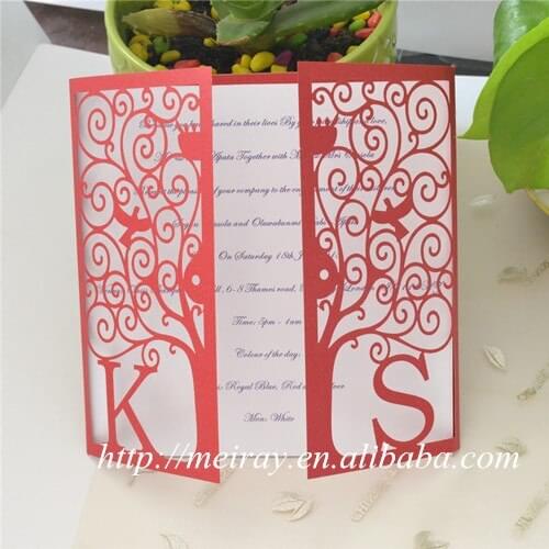 Wedding invitations paper crafts, laser cut red wedding invitations, "happiness tree" rustic wedding invitation