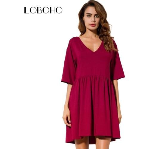 Loose Casual Women Dress Summer 2018 Half Sleeve Cotton Pleated Dress V Neck Solid Fashion Everyday Dresses Womens Clothing