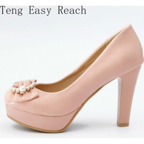 Women Heeled Shoes High Heels Platform Elegant Large Size 45 Womens Heels Pu Leather Sweet Bow Pumps Women Wedding Party Shoes