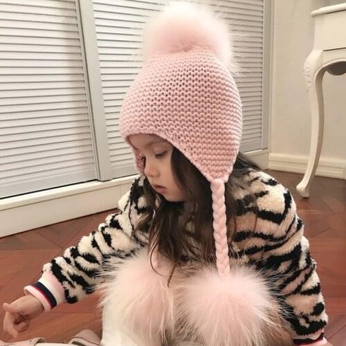 YOLOAgain kids real fox fur pompoms hat boys girls natural raccoon fur pompom hat winter warm baby cute knited ears beanie hat