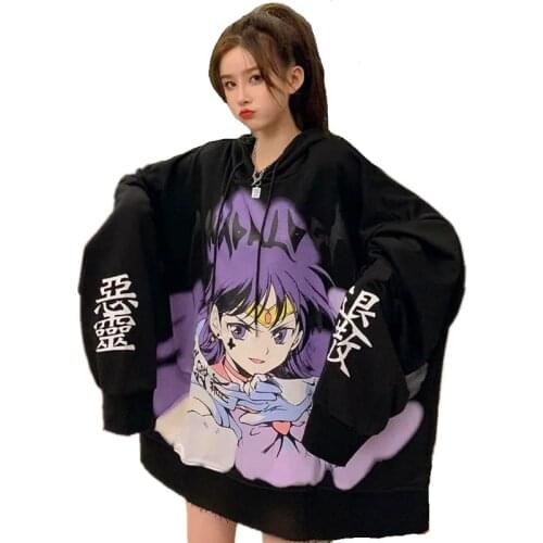 Anime Hoodie Women Autumn Kawaii Drawstring Hooded Sweatshirt Gothic Cartoon Print Oversized Plus Pullovers Gothic Streetwear
