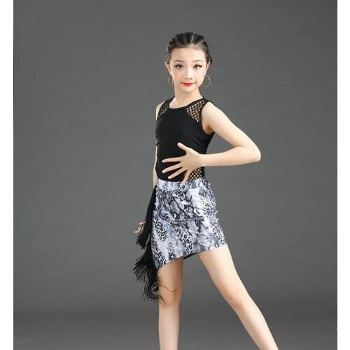 2021 Summer New Children Latin Dance Dress Tassel Mesh Snake Print Skirt Suit Girls Competition Professional Performance Costume