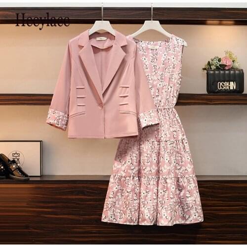 Plus Size Autumn Set Women blazer suits office 2 piece outfits runway high quality chiffon dress and blazers set twinset 4XL
