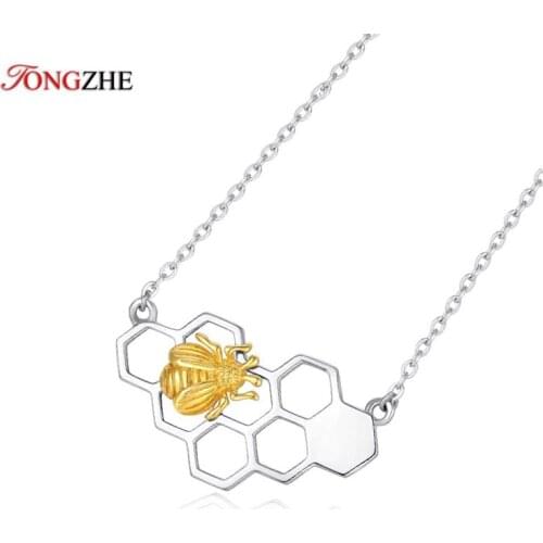 TONGZHE Womens Necklaces Jewelry Copper CZ Honeycomb Bee Animal White Gold Pendant Necklace Cable Link Free Shippin