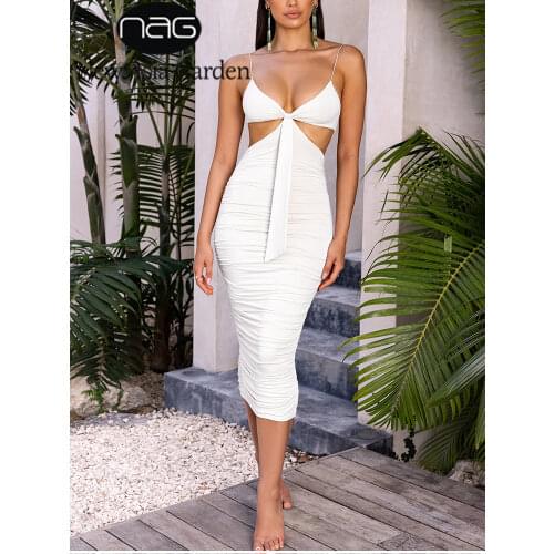 NewAsia Midi White Dress Ruched Cut out Sleeveless 2 Layer Spaghetti Strap Elastic Bodycon Dress Sexy Dresses for Women 2021