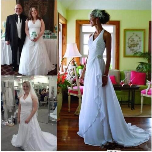 Elegant Halter Neck Chiffon Wedding Dresses A Line Pleated Sash Beaded Sweep Train Bridal Gowns wedding gown Vestido De Novia