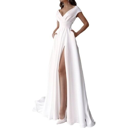Elegant Women Party Dress White Deep V-Neck High Waist Side Split Floor-Length With Pockets Banquet Dresses Wedding