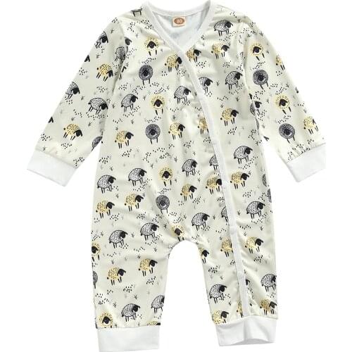 2021 Newborn Sheep Print Romper, Baby Girls Boys Casual Style Long Sleeve Round Neck Jumpsuit